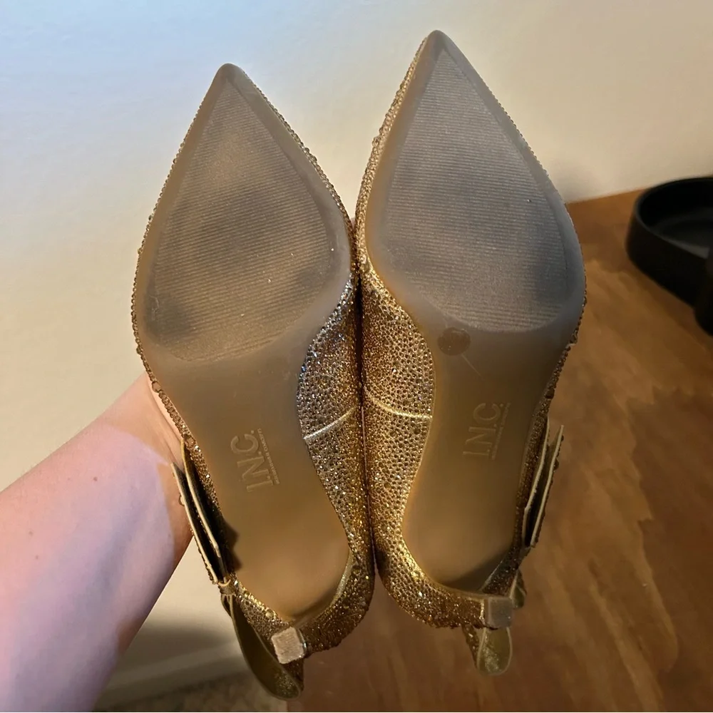 INC International Concepts Silvee Gold Heels with Bow Detail Rhinestones Pointed - Picture 7 of 7